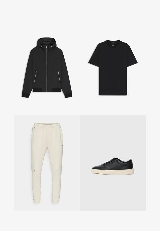 Svart hooded jacka med framzipper, två fickor med dragkedja på sidorna, elastiska ärmslut och vadderad insida på huvan.; Svart kortärmad T-shirt i en mjuk bomullsblandning, med rundad halsringning och en minimalistisk design utan mönster eller detaljer.; Ljust beige joggers med elastisk midja, med sidofickor och diskreta dragkedjor vid anklarna. Tillverkade av mjukt, texturerat material.; Svart låg skor i läder med svarta snören och off-white sula, visas i sidoprofil på vit bakgrund.