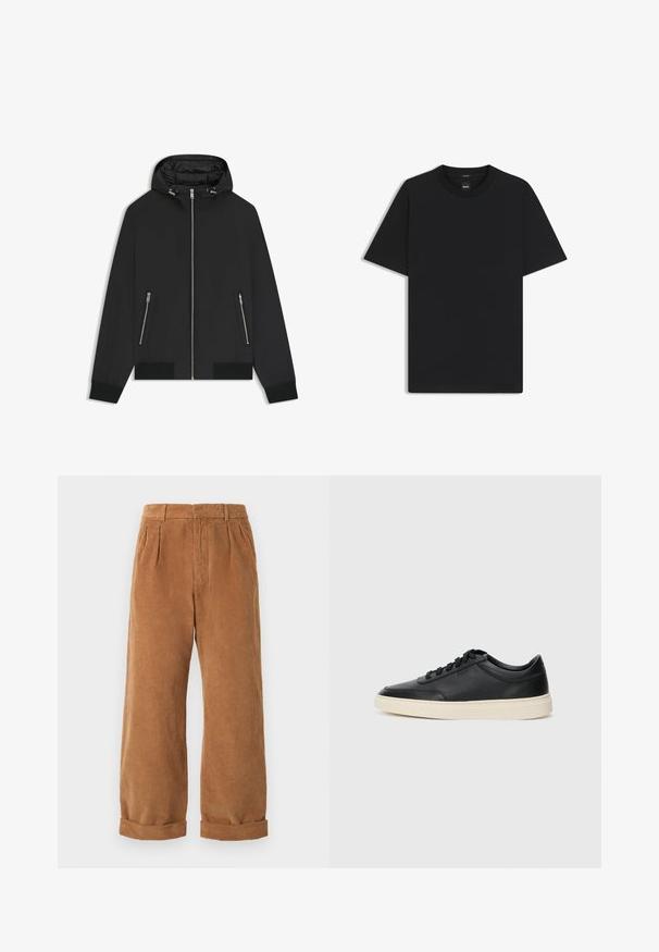 Black hooded jacket with front zipper, two zipped side pockets, elastic cuffs, and padded interior on the hood.; Black short-sleeve T-shirt made from a smooth cotton blend, featuring a crew neckline and a minimalistic design with no patterns or accents.; Brown corduroy pants with a wide-leg design, featuring front pleats and rolled hems. The fabric has a textured, ribbed appearance.; Black low-top leather sneaker with black laces and off-white sole shown in side profile on white background.