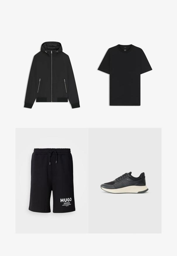 Zwarte hoodie-jack met een ritssluiting aan de voorkant, twee zijzakken met rits, elastische manchetten en een gewatteerde binnenvoering in de capuchon.; Zwarte korte mouwen T-shirt van een gladde katoenmix, met een ronde halslijn en een minimalistisch ontwerp zonder patronen of accenten.; Zwarte katoenen shorts met een elastische tailleband en koord. Witte "HUGO" logo op het linkerpijp. Eenvoudig ontwerp, knielange snit.; Zwarte sport sneaker met een mesh bovenkant met perforaties, een gestructureerde tussenzool in roomkleur en een rubberen buitenzool voor grip.