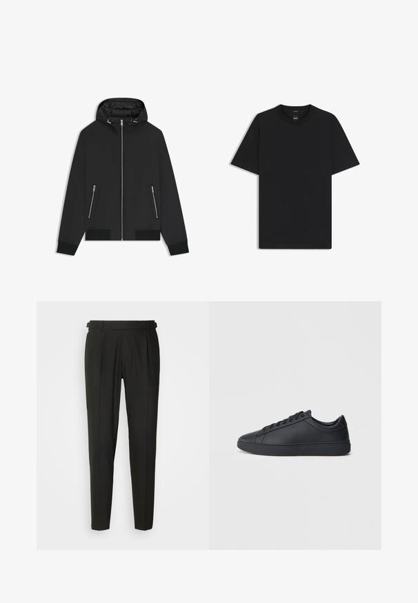 Svart hooded jacka med framzipper, två fickor med dragkedja på sidorna, elastiska ärmslut och vadderad insida på huvan.; Svart kortärmad T-shirt i en mjuk bomullsblandning, med rundad halsringning och en minimalistisk design utan mönster eller detaljer.; Svarta skräddarsydda byxor med rak framsida, två veck, bälteshällor och rak ben-design. Tillverkade av ett mjukt, lättviktigt tyg.; Svarta sneakers i slätt läder med låg design, rund tå och platt gummisula. Har snörning och subtil branding.