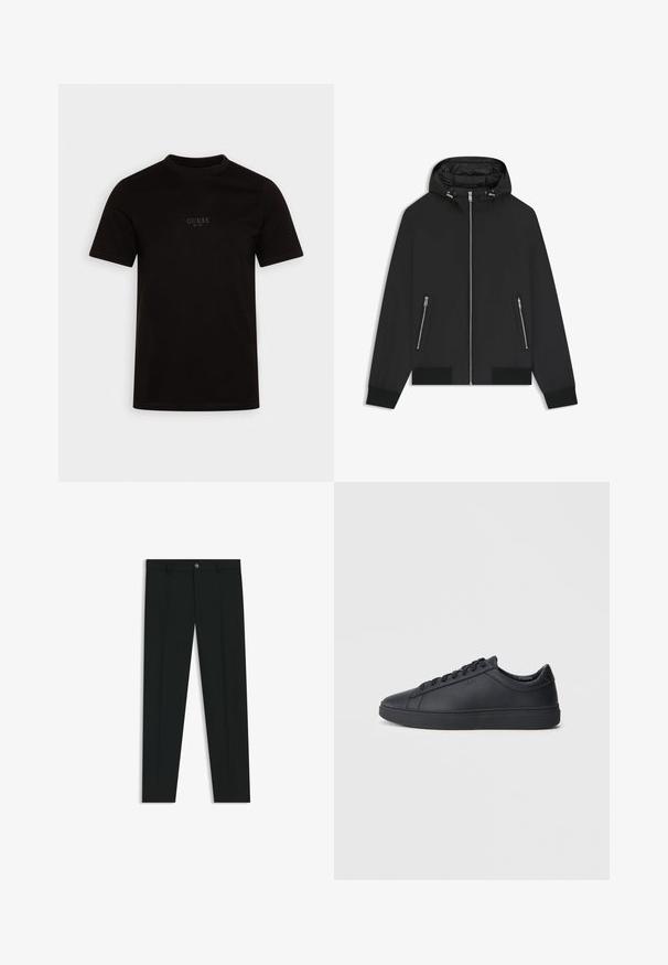 Black hooded jacket with front zipper, two zipped side pockets, elastic cuffs, and padded interior on the hood.; Black short-sleeve t-shirt made of cotton, featuring a crew neckline and front chest logo with "GUESS EST. 1981" in a subtle design.; Black dress pants with a straight-leg design, made of smooth fabric. Features a front button closure and belt loops. Plain without patterns.; Black sneakers made of smooth leather with a low-top design, round toe, and flat rubber sole. Features laces and subtle branding.