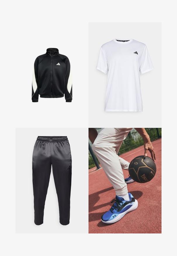 Črna športna jakna z zadrgo in belimi rokavi ter Adidasovim logotipom na prsih, z visokim ovratnikom ter elastičnim robom in manšeti.; Bela športna majica s kratkimi rokavi, izdelana iz tkanine, ki odvaja vlago. Ima črn logotip na levem prsnem delu in vzorčasto notranjo vratno odprtino.; Črne športne hlače iz gladkega, lahkega materiala z elastičnim pasom. Imajo majhen logotip na levi strani in zožene hlačnice.; Modri športni čevlji s črnim žigom, z strukturirano zgornjimi deli in belim podplatom. Bele hlače z elastičnimi manšetami, obdane na rdeči igrišču.