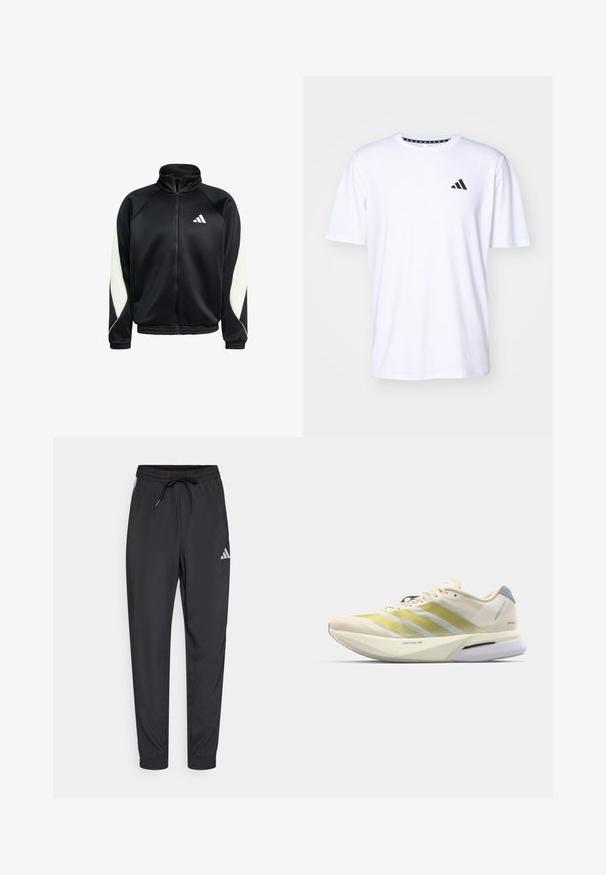 Jachetă sport neagră cu fermoar, cu panouri albe pe mâneci și un logo Adidas pe piept, având un guler înalt și tivuri și manșete elastice.; Tricou alb cu mânecă scurtă dintr-un material cu o textură netedă. Dispune de un logo negru adidas pe pieptul stâng și un guler cu un model.; Pantaloni atletici negri din material ușor, cu un talie elastică, șnur și un mic logo alb pe lateral.; Pantofii de alergare au un superior din plasă ușoară, crem, cu dungi galbene, o talpă intermediară albă cu amortizare și un accent gri la călcâi.