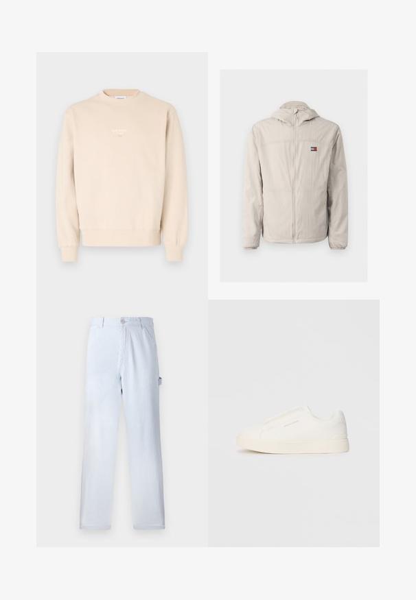Casaco corta-vento bege claro com fecho éclair, capuz, punhos elásticos, bolsos laterais e um pequeno logótipo da Tommy Jeans no peito.; Sweatshirt bege feito de tecido macio, com decote redondo, punhos canelados e um pequeno logótipo branco no peito.; Calças listradas em azul claro, feitas de algodão. Design de perna reta, com fecho frontal por botão e bolsos laterais. Textura suave.; Sapatilhas brancas de atacar com uma superfície texturizada, sola grossa e design minimalista. Possui o logo da marca na lateral.