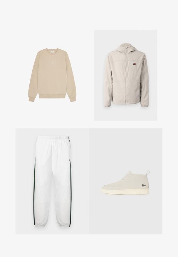 Jachetă de vânt crem deschis cu fermoar, glugă, manșete elastice, buzunare laterale și un mic logo Tommy Jeans pe piept.; Sweatshirt bej dintr-un material moale, cu guler rotund, mâneci lungi și un grafic mic alb "II" centrat pe piept.; Pantaloni de trening albi cu panouri laterale de culoare verde închis. Material ușor, talie elastică și tivuri manșonate. Prezintă o textură din plasă pe panourile laterale.; Bojë gri deschis, ghetuțe din suede până la gleznă, cu vârful rotund, talpă din cauciuc alb și detalii subtile cu logo pe lateral. Dispune de închidere cu șiret.