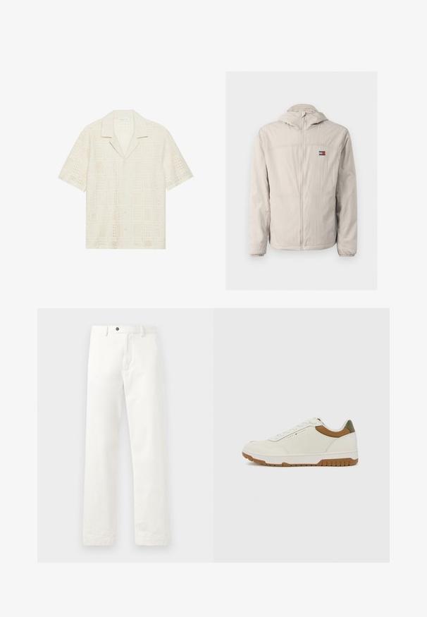 Light beige zip-up windbreaker jacket with hood, elastic cuffs, side pockets, and a small Tommy Jeans logo on the chest.; Short-sleeve shirt in light cream fabric, featuring a textured, perforated design with square patterns and a pointed collar.; White tailored trousers made of cotton blend fabric. Features a straight leg design, front pockets, and a single button closure.; Tommy Hilfiger BASKET CORE - Trainers - ecru/army green