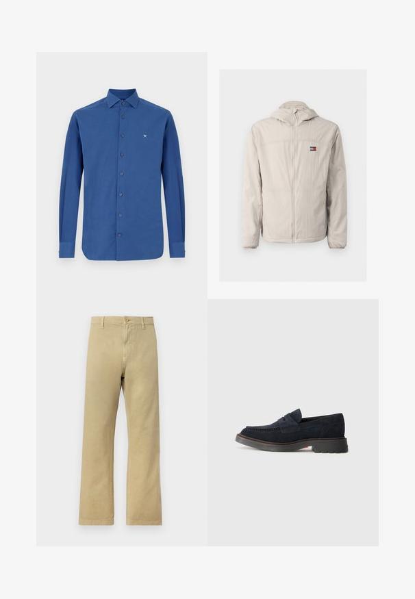 Svijetlosmeđa jakna s patentnim zatvaračem, kapuljačom, elastičnim manžetama, bočnim džepovima i malim Tommy Jeans logotipom na prsima.; Plava košulja dugih rukava od pamuka s dugmadi sprijeda, klasičnim ovratnikom i diskretnom vezom loga na prsima.; Svijetlosmeđi chinos s ravnim dizajnom nogavica. Izrađeni od meke pamučne tkanine, s prednjim kopčanjem na gumb i bočnim džepovima.; Mornarsko plavi nubuk mokasini s okruglim vrhom, dekorativnim šavovima i gumenim đonom sa blagom elevacijom. Izdržljiv materijal i dizajn.