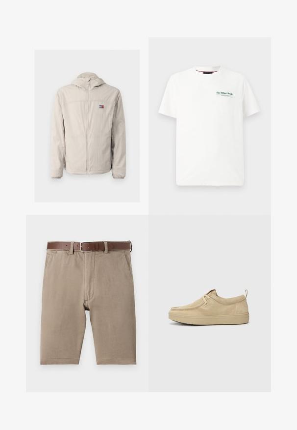 Jasno beżowa kurtka przeciwwiatrowa z zamkiem błyskawicznym i kapturem, z elastycznymi mankietami, bocznymi kieszeniami oraz małym logo Tommy Jeans na piersi.; Biała bawełniana koszulka z krótkimi rękawami, okrągłym dekoltem, z zielonym nadrukiem na lewej piersi z napisem "The Milliger Herald" oraz "MCHLXXXV."; Beżowe bawełniane szorty o prostym kroju, z brązowym skórzanym paskiem i kieszeniami po bokach, gładka tekstura z starannie wykończonymi brzegami.; Beżowe zamszowe buty wsuwane z okrągłym noskiem, minimalnym przeszyciem i gumową podeszwą. Miękka tekstura z subtelnym akcentem marki przy pięcie.