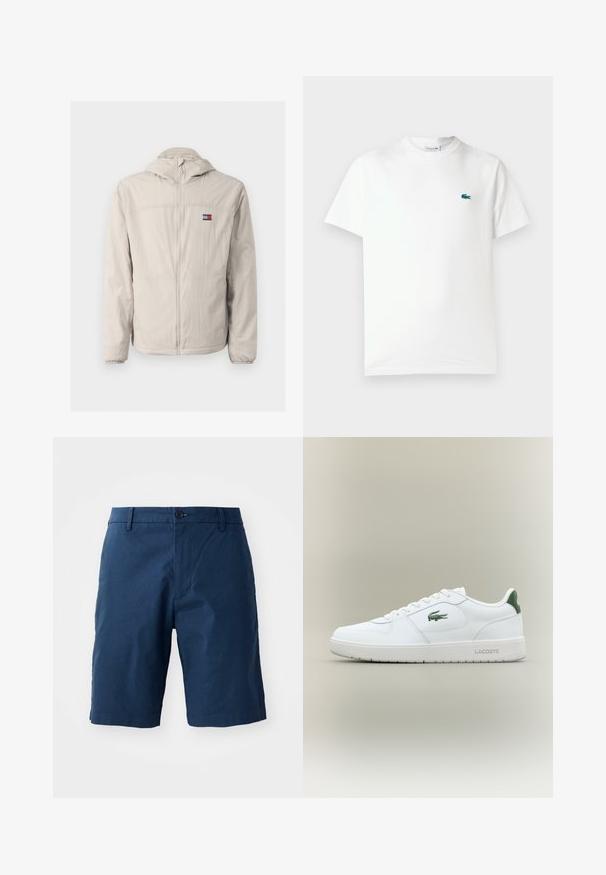 Lys beige zip-up vindjakke med hette, elastiske mansjetter, sidelommer og en liten Tommy Jeans-logo på brystet.; Hvit bomulls t-skjorte med rund hals, korte ermer og en liten grønn brodert krokodillelogo på venstre bryst.; Navy blå shorts laget av lett stoff, med flat front, knappelukking, sidelommer og en jevn tekstur.; Hvite skinnsneakers med en glatt finish, grønne detaljer på hælen og en grønn logo på siden. Inkluderer flat såle og rund tå.