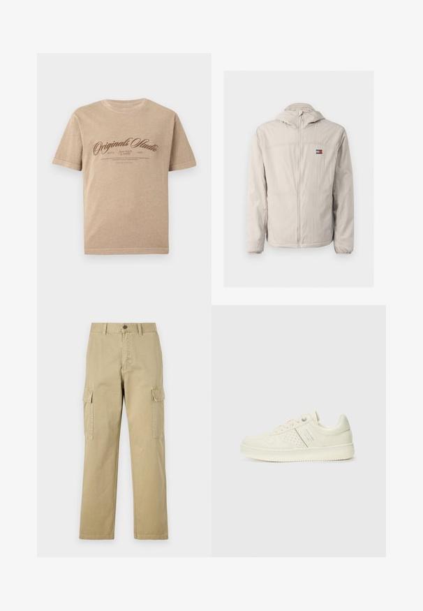 Light beige zip-up windbreaker jacket with hood, elastic cuffs, side pockets, and a small Tommy Jeans logo on the chest.; Beige cotton t-shirt with short sleeves, featuring a brown vintage-style print that reads "Originals Studio" and additional text beneath.; Beige cargo pants made of cotton, featuring two side pockets, a button closure, and straight legs with a slightly textured fabric.; Cream-colored sneaker with perforated detailing, laces, and logo on the side, displayed against a plain white background.