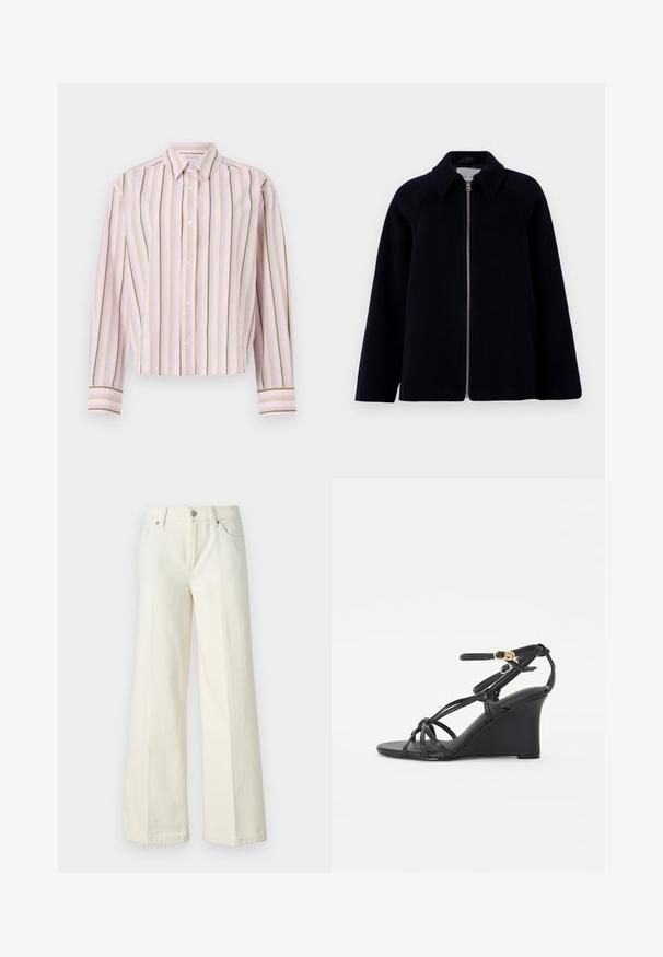 Samsøe Samsøe ALMA JACKET - Kurzmantel - salute; Hemd in hellrosa mit gestreiften vertikalen Linien in grün und gelb, Knopfverschluss und langen Ärmeln mit kontrastierenden Manschetten.; Weite weiße Jeans aus einem Baumwollmischgewebe. Verfügt über einen Reißverschluss, ein Fünf-Taschen-Design und Nähte entlang der Säume.; Schwarze Keilsandalen mit dünnen, gekreuzten Riemen und einem verstellbaren Knöchelriemen mit einer goldenen Schnalle. Glattes Lederfinish.