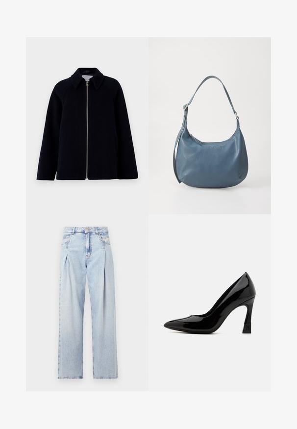 Samsøe Samsøe ALMA JACKET - Rövid kabát - salute; Fehér, rövid, bő ujjú, crop szabású póló, puha pamut anyagból, kerek nyakkivágással, finom narancssárga díszítéssel, minimalista dizájn, minta vagy grafika nélkül.; Világoskék farmernadrág magas derekú, bő szabású, két oldalsó zsebbel és pliszírozott dizájnnal. Puha tapintású, elhalványított felület.; Fekete lakkozott bőr magassarkú cipő hegyes orral és blokksarkú kialakítással, logó akcentussal. Simább, fényes felületi textúra.; Kerekded formájú, kék bőr kézitáska, egyetlen vállpánttal, cipzárral záródik, az elülső részen domborított márkanevével. Simák a textúrája.