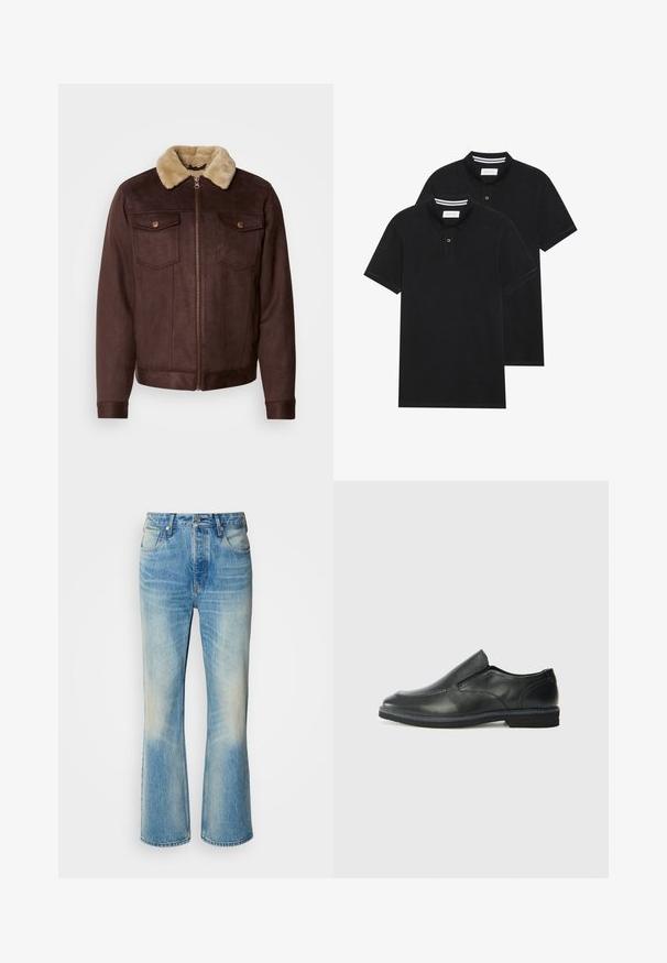 Brown suede jacket with a beige fur collar, zip closure, two chest pockets with snap buttons, and ribbed cuffs and hem.; Two black polo shirts, short-sleeved, cotton material, featuring a classic collar, two-button placket, and white striped accents inside the collar.; Light blue denim jeans with a flared leg design, featuring a faded finish, front pockets, and a buttoned waist. Reinforced stitching visible.; Black leather slip-on shoe with a smooth upper, stitched accents, rounded toe, and a low rubber heel. Sole features minimal tread.