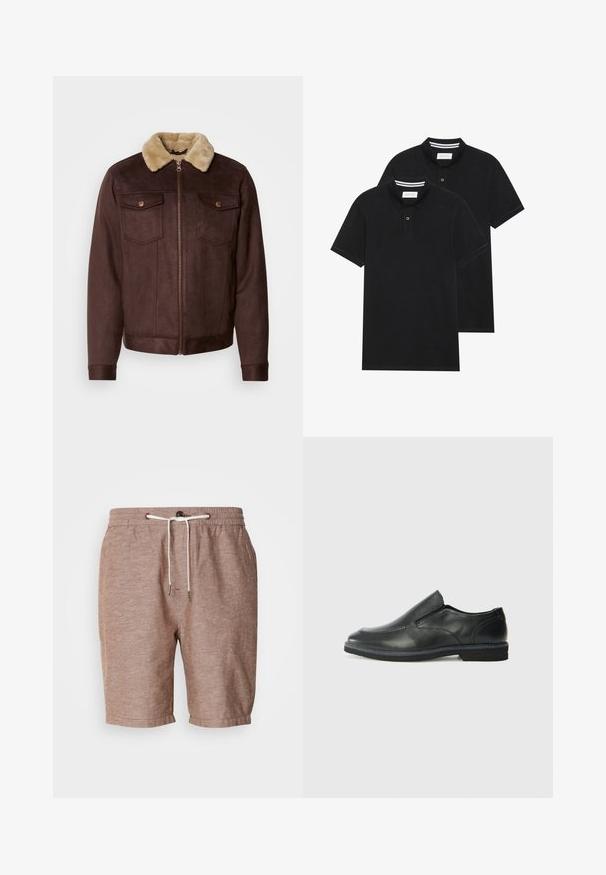 Brown suede jacket with a beige fur collar, zip closure, two chest pockets with snap buttons, and ribbed cuffs and hem.; Two black polo shirts, short-sleeved, cotton material, featuring a classic collar, two-button placket, and white striped accents inside the collar.; Brown linen shorts with an elastic waistband, drawstring closure, and rolled hem. Features subtle texture and minimal design elements.; Black leather slip-on shoe with a smooth upper, stitched accents, rounded toe, and a low rubber heel. Sole features minimal tread.