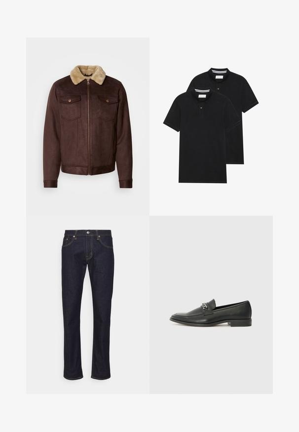 Veste en daim marron avec un col en fourrure beige, fermeture éclair, deux poches poitrine avec des boutons-pression, et des poignets et un ourlet côtelés.; Deux polos noirs, à manches courtes, en coton, avec un col classique, une patte de boutonnage à deux boutons, et des accents rayés blancs à l'intérieur du col.; Edwin REGULAR TAPERED - Jeans fuselé - kaihara pure indigo; Mocassin en cuir noir avec une finition lisse, présentant un design cousu et une accent décoratif en chaîne métallique sur le rand. Talon plat.