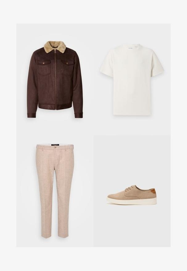 Pruun nahast jakker beezist karvakaelusest, lukuga, kahe rindkere taskuga, mis on suletud nöppudega, ja soonikkoes mansettide ja alläärega.; Valge lühikeste varrukatega T-särk ribakudumises. Ümar kaelus, mugav lõige, nähtavad mustrid ega aksessuaarid puuduvad. Lihtne ja mitmekesine disain.; Heledadbeez trouserid linasegude segust, millel on lame eesmine osa, vöörihmade jaoks silmad ja üks nupuvajutus. Kohandatud sirge säärega disain.; Beežid nahast tossud ümarate varvastega, paeltega esiosa ja tekstuuriga tagakontuuriga. Valge kummist tallapakkumine loob kontrasti. Lihtne ja kaasaegne disain.