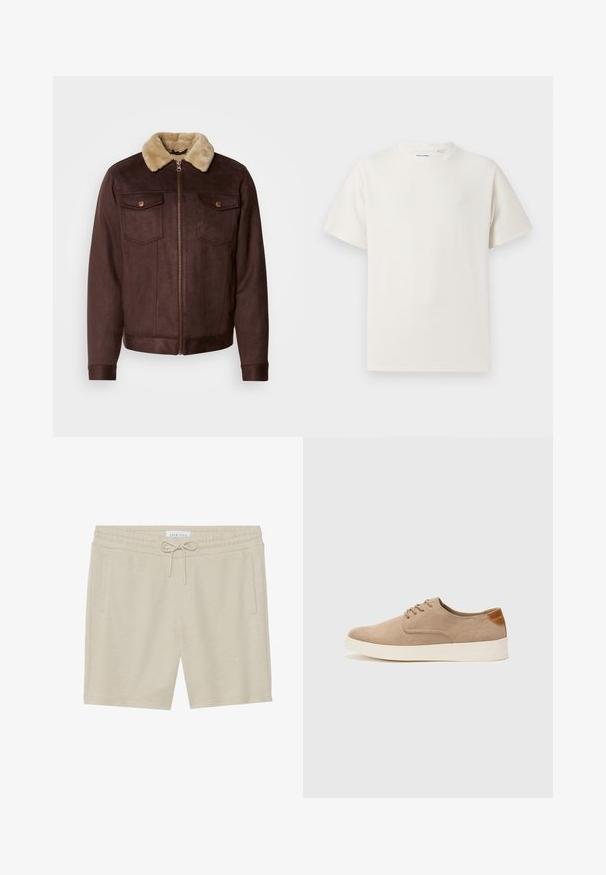 Pruun nahast jakker beezist karvakaelusest, lukuga, kahe rindkere taskuga, mis on suletud nöppudega, ja soonikkoes mansettide ja alläärega.; Valge lühikeste varrukatega T-särk ribakudumises. Ümar kaelus, mugav lõige, nähtavad mustrid ega aksessuaarid puuduvad. Lihtne ja mitmekesine disain.; Kreemivärvi lühikesed püksid, mis on valmistatud pehmest kangast, hõlmates kummist ja litsimisnööriga vöökohta, kahe küljetasku ning mugava lõikega.; Beežid nahast tossud ümarate varvastega, paeltega esiosa ja tekstuuriga tagakontuuriga. Valge kummist tallapakkumine loob kontrasti. Lihtne ja kaasaegne disain.