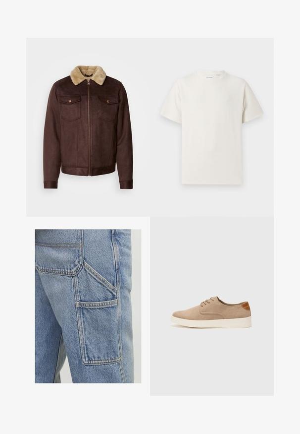 Ruskea mokkajakku, jossa on vaaleanbeige tekoturkiskaarroke, vetoketjusuljenta, kaksi napilla suljettavaa rintataskua sekä ribbbireunat hihoissa ja helmassa.; Valkoinen lyhythihainen T-paita ribbikuviossa. Pyöreä kaula-aukko, rento istuvuus, ei näkyviä kuvioita tai yksityiskohtia. Yksinkertainen ja monikäyttöinen muotoilu.; Vaaleansiniset farkkuhaalarit, joissa on suuri sivutasku, huomaamaton ompelu ja rento istuvuus, jossa on hieman teksturoitu pinta.; Beige nubuck-lenkkarit, joissa on pyöreä kärki, nauhakiinnitys ja teksturoitu takaosa. Valkoinen kumipohja tuo kontrastia. Yksinkertainen ja moderni muotoilu.