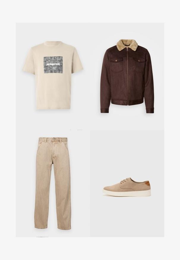 Pruun nahast jakker beezist karvakaelusest, lukuga, kahe rindkere taskuga, mis on suletud nöppudega, ja soonikkoes mansettide ja alläärega.; Beež puuvillane T-särk, millel on halli kamuflaažiga ruuduline graafika, millel on tekst "jack&jones" ja "CORE NINE ZERO". Ümar kaelus ja lühikesed varrukad.; Bežidemini teksased sirgjoonise kujundusega, front pocket'itega, metallist nööbi kinnitusega ja peene tekstuuriga.; Beežid nahast tossud ümarate varvastega, paeltega esiosa ja tekstuuriga tagakontuuriga. Valge kummist tallapakkumine loob kontrasti. Lihtne ja kaasaegne disain.