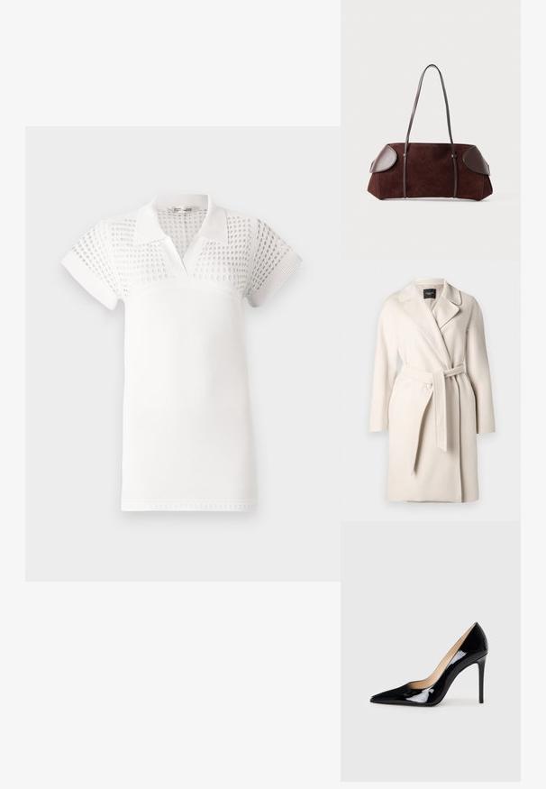 Palton bej din lână, cu guler tip rever, mâneci lungi și o curea legată în talie. Prezintă o textură netedă și o siluetă dreaptă.; Cămașă polo albă cu mâneci scurte, având o secțiune superioară texturată și o porțiune inferioară netedă. Proiectată cu un guler clasic și o decolteu în formă de V.; Pantofi cu toc înalt din piele patent neagră, cu un design cu vârf ascuțit și o siluetă elegantă. Prezintă un finisaj neted și strălucitor și un toc subțire de tip stiletto.; Geantă din suede maro cu accente din piele, formă structurată, două curele de umăr și margini rotunjite, având o textură netedă și hardware minim.