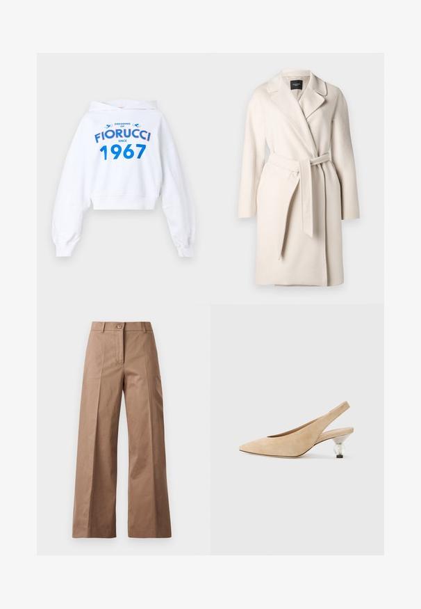 Bežs vilnas mētelis ar atloku apkakli, garām piedurknēm un saistītu jostas siksnu. Iezīmē gludu tekstūru un taisnu siluetu.; Balts īsais kapuci džemperis ar garām piedurknēm, ar zilu un sarkanu tekstu: "Sapņojot par FIORUCCI kopš 1967. gada" un divām zilām akcentiem.; Brūni platajās kājas bikses, izgatavotas no gludas auduma, ar priekšējo pogu aizdari, divām priekšējām kabatām un tīrām, pielāgotām līnijām.; Bēša zamšādas sandalē ar smailu pirkstu un caurspīdīgu, noapaļotu papēdi. Gluda tekstūra un minimālisma dizains.