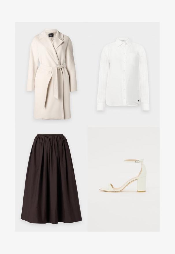 Béžový vlnený kabát s klopovým golierom, dlhými rukávmi a viazaným opaskom v páse. Má hladkú textúru a rovný strih.; Biela košeľa s dlhým rukávom a golierom na gombíky, s jednou vreckom na hrudníku a jemnou textúrovanou látkou. Obsahuje čierny vyšívaný detail loga.; Hnedá sukňa po členky vyrobená z ľahkej tkaniny s elastickým pásom a zberaným dizajnom, ktorý vytvára objemný efekt.; Biele kožené sandále na blokovom podpätku s remienkom okolo členku a minimalistickým dizajnom. Otvorená špička a hladké textúry po celom povrchu.