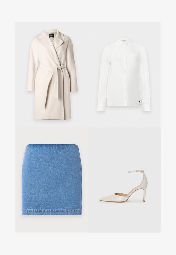 Bežinis vilnonis paltas su atlapais, ilgomis rankovėmis ir surišamu diržu. Jis pasižymi lygia tekstūra ir tiesia siluetu.; Balta ilga rankovė marška su mygtukų-apykakle, vienu krūtinės kišeniu ir subtiliu tekstūruotu audiniu. Papuošta juodu siuvinėtu logotipu.; Šviesiai mėlyna džinsinė mini sijonas su prigludusia forma, tiesia apatine dalimi ir subtiliu tekstūru. Nėra matomų užsegimų ar kišenių.; Balti odiniai aukštakulniai batai su smailiu priekiniu galu, kulkšnies dirželiu ir siauru stiletu. Lygi tekstūra su subtiliu blizgiu paviršiumi.