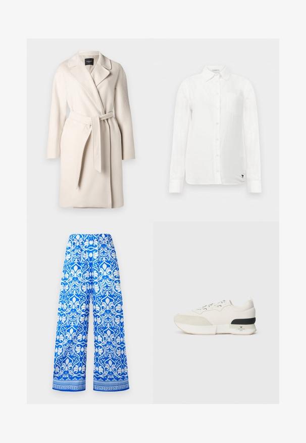 Beige wollen jas met een reverskraag, lange mouwen en een strikceintuur. Heeft een zachte textuur en een rechte silouet.; Witte langekleurige blouse met een knoopsluiting kraag, een enkele borstzak en subtiele textuurstof. Bevat een zwart geborduurd logo detail.; Blauwe en witte wijde broek met elastische tailleband en ingewikkeld bloemen damastpatroon, met een decoratieve rand nabij de zoom.; Witte sneaker met een getextureerde suede neuskap, een soepel mesh bovenwerk, decoratieve veters en een zwarte rubberen hakaccent.