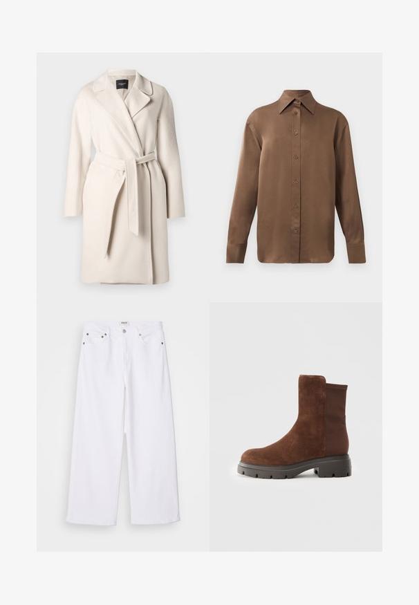 Beige uldfrakke med reverskrave, lange ærmer og bælte i taljen. Har en glat tekstur og lige silhuet.; Brun langærmet skjorte med knapper, spids krave og manchetter, vist mod en simpel hvid baggrund.; Hvide brede jeans lavet af denim, med fem-lommer design, metal hardware og høj talje, samt en ren finish ved kanten.; Brun ruskindsankelstøvle med elastiske sidepaneler, rund tå og en tyk gummisål med en struktureret slidbane.