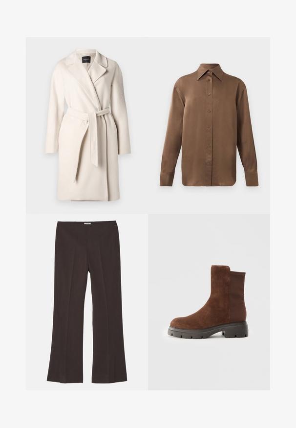 Manteau en laine beige avec un col à revers, des manches longues et une ceinture nouée à la taille. Présente une texture lisse et une silhouette droite.; Chemise marron à manches longues avec un col et des poignets pointus, présentée sur un fond blanc uni.; Filippa K TWIST SEAM TROUSERS - Pantalon classique - mocha; Bottines en suede marron avec des panneaux élastiques sur les côtés, bout arrondi, et une semelle en caoutchouc épaisse présentant un motif de bande de roulement texturé.