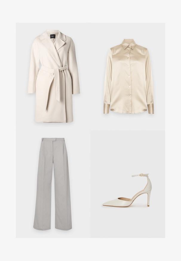 Beige Wollmantel mit Reverskragen, langen Ärmeln und einem gebundenen Taillengürtel. Hat eine glatte Textur und eine gerade Silhouette.; Beige Satinhemd mit spitzem Kragen, langen Ärmeln, Knopfverschluss und Manschetten in einem etwas glänzenderen Finish. Keine Muster oder Akzente.; Hellgraue Schlaghosen mit vertikalen weißen Streifen, ausgestattet mit einem Vorderfalten und einem flachen Bund. Hergestellt aus glattem Stoff.; Weiße Leder-Pumps mit spitz zulaufender Zehe, Knöchelriemen und schlanker Stiletto-Absatz. Glatte Oberfläche mit dezent glänzendem Finish.