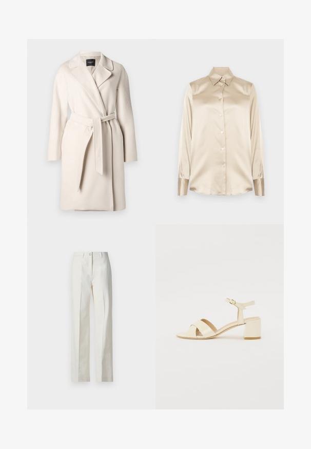 Bežs vilnas mētelis ar atloku apkakli, garām piedurknēm un saistītu jostas siksnu. Iezīmē gludu tekstūru un taisnu siluetu.; Beige satīna krekls ar asām apkaklēm, pilna garuma piedurknēm, ar pogu aizdari un nedaudz spīdīgāka finiša aprocēm. Nav rakstu vai akcentu.; Baltas plaša kāju bikses no mīkstas auduma, ar taisnu priekšpusi, divām sānu kabatām un vienu priekšējo pogu.; Bežīgi patentēti ādas sandalītes ar krustenisku siksnu dizainu, atvērtu pirkstu, regulējamu potītes siksnu un bloku papēdi. Gluda tekstūra.