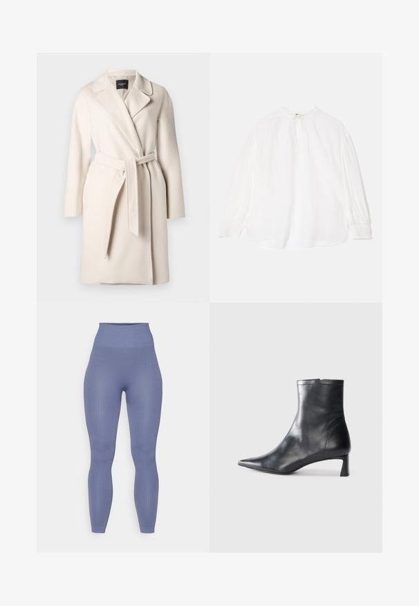 Bézs gyapjú kabát hajtókás gallérral, hosszú ujjakkal és megkötős derékövével. Simább textúrával és egyenes sziluettel rendelkezik.; Fehér blúz hosszú, ráncolt ujjakkal, megkötős nyakkal és laza szabással. Enyhén textúrált anyaggal és gumis mandzsettákkal rendelkezik.; Magas derekú bordás leggings puha kék anyagból, sima textúrával és testhezálló sziluettel, boka hosszúságig nyúlik.; Fekete bőr bokacsizma hegyes orral és letisztult dizájnnal. Alacsony sarka és hátsó cipzáras záródása van. Simának tűnő textúra.