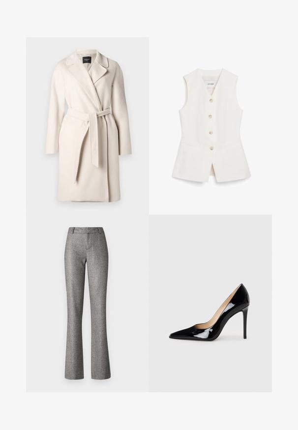 Bež kaput od vune s ovratnikom, dugim rukavima i pojasom na vezivanje. Ima glatku teksturu i ravnu siluetu.; Bijela bezrukavna prsluk s figurnim dizajnom, šest okruglih dugmadi i dva prednja džepa. Izrađen od glatkog materijala s urednim završetkom.; Sive široke hlače izrađene od teksturirane tkanine s suptilnim uzorkom. Imaju prednje zatvaranje, petlje za pojas i kroj koji ističe figure.; Crne lakirane kožne štikle s dizajnom ušiljenog nosa i elegantnom siluetom. Imaju glatku, sjajnu završnu obradu i vitak stiletto potplat.
