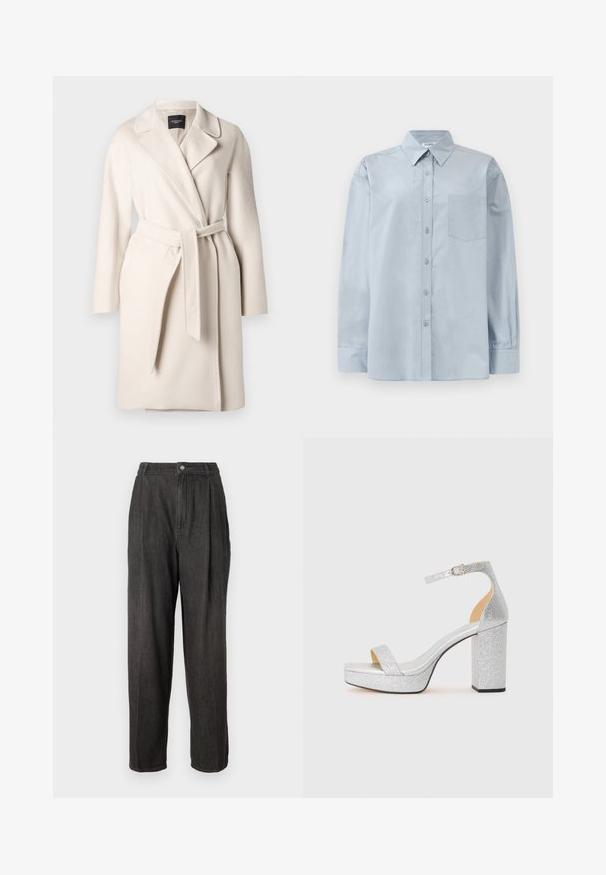 Bežs vilnas mētelis ar atloku apkakli, garām piedurknēm un saistītu jostas siksnu. Iezīmē gludu tekstūru un taisnu siluetu.; Gai zila garām piedurknēm pogājama krekla ar norādītu apkakli un krūšu kabatu, izlikts uz balta fona.; Tumši pelēki džinsi ar augstu vidukli, ar krokām priekšpusē, taisnām kājām un vienu pogu jostasvietā.; Sudraba spīdīga augstpapēžu sandale ar platu bloka papēdi, atvērtu purngali un regulējamu potītes siksnu. Gluda iekšpuse un teksturēta ārpuse.