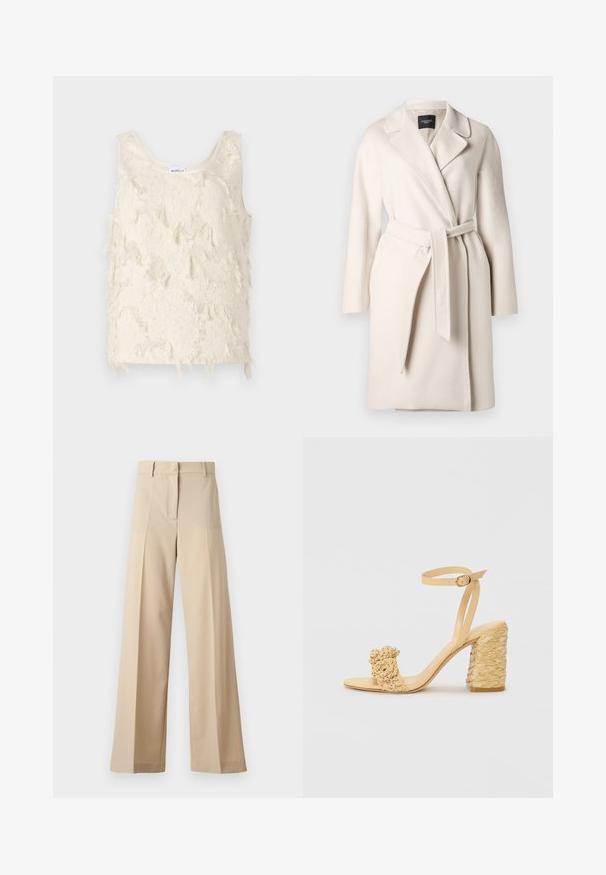 Bežna volnena jakna z ovratnikom, dolgimi rokavi in zavezanim pasom. Ima gladko teksturo in ravno silhueto.; Kremno obarvan bezrokavnik s teksturiranim, resastim vzorcem in gladkimi robovi. Oznaka na ovratniku nosi napis "Marella."; Beige široke hlače iz gladkega materiala, z ravnim odprtjem spredaj in naborki, z vodilom na zadrgo in zankami za pas. Prilagojen kroj.; Beige sandala na visokom potplatu s pletenom teksturom, s dekorativnim cvijetom i remenom oko gležnja. Kvadratna peta osigurava stabilnost.