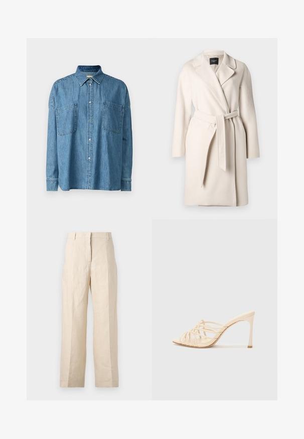 Beige wool coat with a lapel collar, long sleeves, and a tied waistbelt. Features a smooth texture and straight silhouette.; WEEKEND MaxMara LANDA - Button-down blouse - blu; Beige linen trousers with a loose fit, pleated front, and straight legs. Features a waistband with belt loops and no visible pockets.; Beige high-heeled mules with a strappy design. Features a square toe, a smooth texture, and a slender heel with a gold accent at the base.