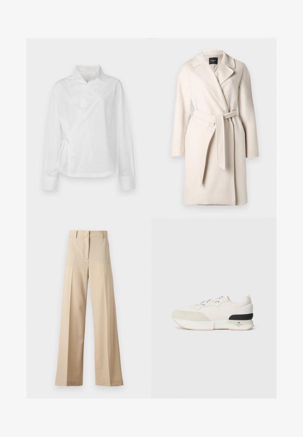 Casaco de lã bege com colarinho de lapela, mangas longas e cinto na cintura. Apresenta uma textura suave e uma silhueta reta.; Faithfull the brand ALLISTE OVERSIZED FIT WRAP - Blusa - white; Calças largas bege feitas de tecido suave, com frente plana com pregas, fecho de correr e passantes para cinto. Ajuste entalhado no geral.; Sneaker branco com biqueira em camurça texturizada, parte superior em malha lisa, atacadores decorativos e um detalhe na parte de trás em borracha preta.
