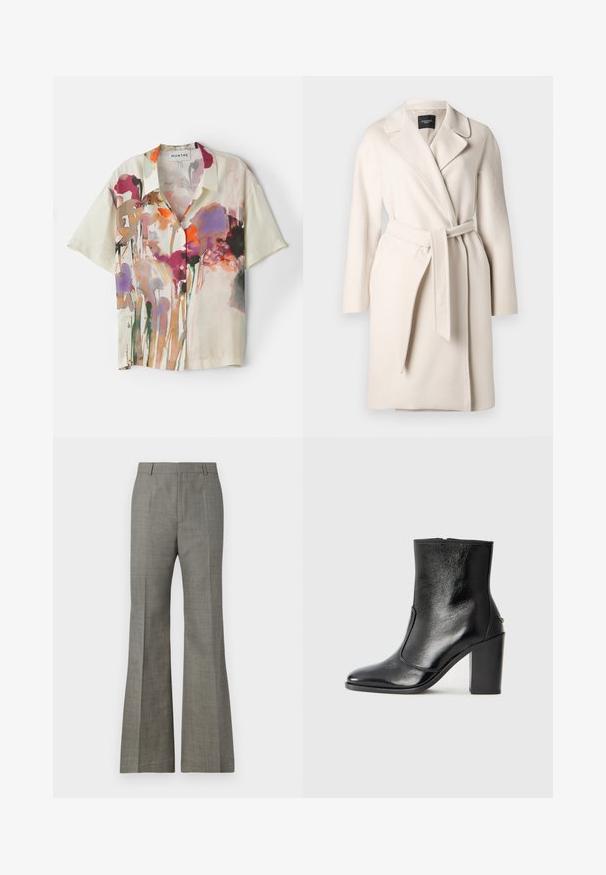 Cappotto di lana beige con colletto a rever, maniche lunghe e cintura annodata in vita. Presenta una texture liscia e una silhouette dritta.; Camicia a maniche corte con bottoni in tessuto leggero, con una base crema e stampa floreale acquerellata multicolore, e un fit rilassato.; Pantaloni grigi svasati realizzati in tessuto testurizzato, con vestibilità sartoriale, delicato motivo a quadri e pieghe frontali per un aspetto raffinato.; Stivale alla caviglia in pelle nera, con una superficie liscia, punta affilata e tacco alto e massiccio. Presenta una apertura laterale e un design minimalista.