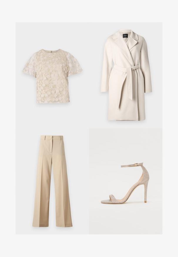 Bežna volnena jakna z ovratnikom, dolgimi rokavi in zavezanim pasom. Ima gladko teksturo in ravno silhueto.; Bežna bluzica s cvetnim vezenjem, prozirnim nabranim rukavima, okruglim izrezom i zatvaranjem na zipu na leđima. Tekstualni cvetni uzorak na prednjem panelu.; Beige široke hlače iz gladkega materiala, z ravnim odprtjem spredaj in naborki, z vodilom na zadrgo in zankami za pas. Prilagojen kroj.; Jarke visoke pete s trakovi v metalik rožnato zlato, z teksturiranim zgornjim delom, odprtim prstom in zaponko na gležnju v zlatem detajlu.