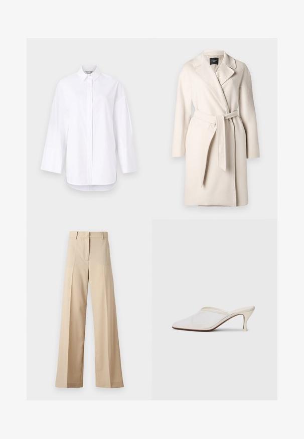 Palton bej din lână, cu guler tip rever, mâneci lungi și o curea legată în talie. Prezintă o textură netedă și o siluetă dreaptă.; Cămașă albă cu nasturi, realizată din bumbac neted, având un guler clasic, mâneci lungi cu manșete și o margine dreaptă cu fante laterale.; Pantaloni bej cu picioare largi, confecționați dintr-un material neted, cu un front plat și plisse, fermoar la șold și curea. Croi adaptat pe tot corpul.; Mule alb cu plasă, cu vârf ascuțit, toc subțire de înălțime medie și design slip-on, pe un fundal simplu.