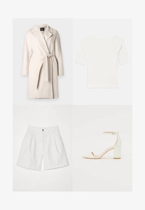 Casaco de lã bege com colarinho de lapela, mangas longas e cinto na cintura. Apresenta uma textura suave e uma silhueta reta.; Top branco de malha com mangas curtas e decote largo. A textura apresenta riscas verticais, realçando um ajuste justo e um design simples.; Calções de ganga brancos com um design plissado na frente, apresentando bolsos laterais e um único fecho com botão preto na cintura.; Sandal de bloco em pele branca, apresentando uma correia no tornozelo com fivela e um design minimalista. Com biqueira aberta e texturas suaves ao longo de toda a peça.