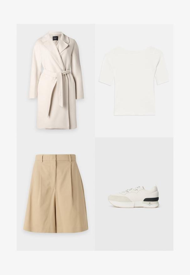 Cappotto di lana beige con colletto a rever, maniche lunghe e cintura annodata in vita. Presenta una texture liscia e una silhouette dritta.; Top bianco a righe con maniche corte e scollo ampio. La texture presenta strisce verticali, enfatizzando una vestibilità aderente e un design semplice.; Pantaloni corti plissettati beige con vita alta, caratterizzati da una texture liscia e senza chiusure visibili, progettati per una silhouette pulita.; Sneaker bianca con una punta in suede testurizzato, parte superiore in mesh liscia, lacci decorativi e un accento sul tallone in gomma nera.