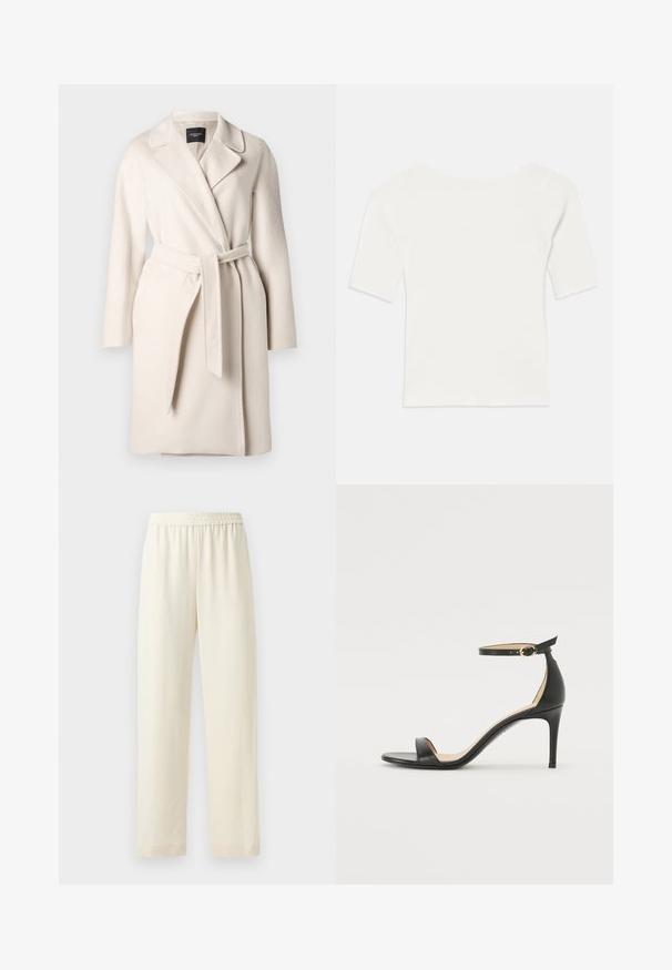 Beige wool coat with a lapel collar, long sleeves, and a tied waistbelt. Features a smooth texture and straight silhouette.; White ribbed short-sleeve top with a wide neckline. The texture features vertical stripes, emphasizing a snug fit and simple design.; Cream-colored, straight-leg pants with an elastic waistband, smooth texture, and no visible patterns or hardware.; Black leather high-heeled sandal with an ankle strap. Features a smooth texture, open toe, and a thin heel. Gold-toned buckle detail.