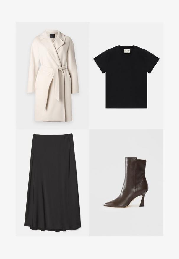 Beige wollen jas met een reverskraag, lange mouwen en een strikceintuur. Heeft een zachte textuur en een rechte silouet.; Zwarte t-shirt met korte mouwen en ronde hals met een wit label binnen in de kraag, waarop "D.R.C. EST. 2002" staat, tegen een witte achtergrond.; Zwarte, knielange rok van soepel materiaal; heeft een vloeiende uitstraling met zachte plooien en zonder zichtbare sluitingen.; Donkerbruin leren laars tot halverwege het kalf met een puntige neus, een stijlvolle slanke hak en een gladde afwerking op een witte achtergrond.