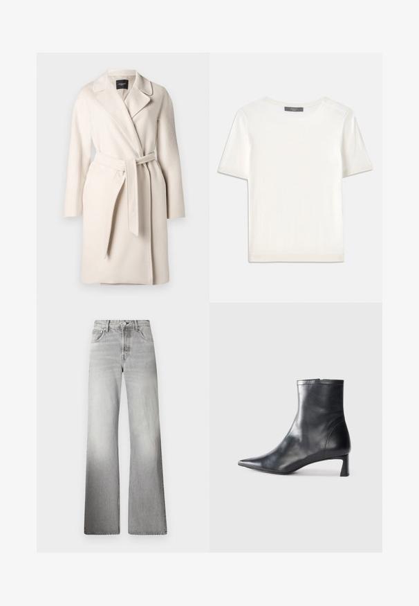 Bežs vilnas mētelis ar atloku apkakli, garām piedurknēm un saistītu jostas siksnu. Iezīmē gludu tekstūru un taisnu siluetu.; Balta īsām piedurknēm adīta blūze ar apaļu kakla izgriezumu, kurai ir gluda tekstūra un smalki riboti akcenti pie piedurknēm un apakšmalas.; Pelēki denima plaša kāju džinsi ar augstu jostasvietu, izbalējušu tekstūru, piecām kabatām un rāvējslēdzēju ar pogu aizdari.; Melnas ādas potītes zābaki ar norādītu pirkstu un elegantu dizainu. Iezīmē zemu papēdi un rāvējslēdzēja aizdari aizmugurē. Gluda tekstūra.