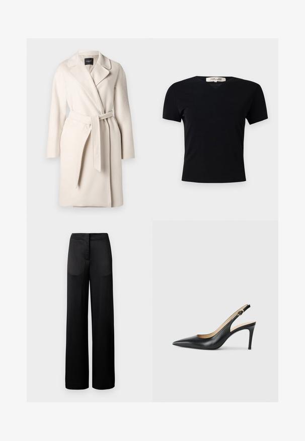Bež kaput od vune s ovratnikom, dugim rukavima i pojasom na vezivanje. Ima glatku teksturu i ravnu siluetu.; Crna kratka majica s kratkim rukavima i V-izrezom, izrađena od glatkog, rastezljivog materijala. Ima jednostavan, klasičan kroj bez ukrasa.; Široke crne hlače s teksturiranom površinom, s ravnim pojasom i dva bočna džepa. Tkanina djeluje lagano i lepršavo.; Crne kožne slingback visoke potpetice s šiljastim nosom, podesivim trakama i elegantnim stiletto potpeticama, s glatkom završnom obradom.