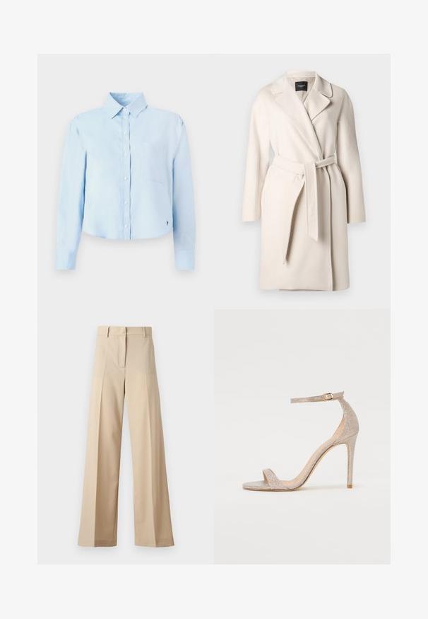 Bež kaput od vune s ovratnikom, dugim rukavima i pojasom na vezivanje. Ima glatku teksturu i ravnu siluetu.; Svijetloplava, dugih rukava, krojena košulja s kragnom na dugmad, jednim džepom na prsima i suptilnim logom na donjoj strani. Glatka tekstura.; Bež hlače širokih nogavica od glatkog materijala, s ravnim prednjim dijelom s plisejima, zatvaračem i petljama za remen. Ukupan kroj je prilagođen.; Strappy sandale na visokoj peti u metalik ružičastoj boji, s teksturiranim gornjim dijelom, otevrenim prstima i remenom oko gležnja s detaljem zlatne kopče.