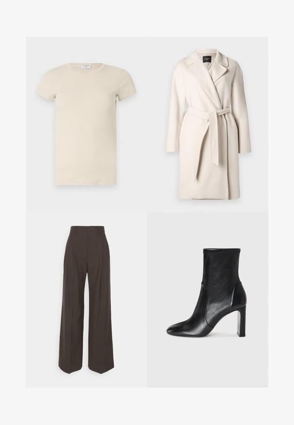 Casaco de lã bege com colarinho de lapela, mangas longas e cinto na cintura. Apresenta uma textura suave e uma silhueta reta.; T-shirt de mangas curtas canelado em creme, com decote arredondado, feito de um tecido macio e elástico. Design simples e forma ajustada.; Calças largas castanhas escuras com cintura alta, apresentando pregas bem vincadas, textura suave e um corte ajustado.; Bota de tornozelo em couro preto com um design elegante, bico pontudo e um alto salto bloco. Apresenta uma textura suave e um detalhe de costura minimalista.