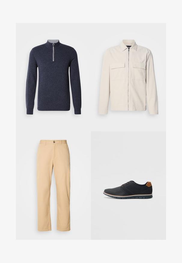 Jachetă din fâșie bej deschis, cu fermoar frontal, două buzunare pe piept, guler și mâneci lungi. Textură netedă și un design minimalist.; Pullover bleumarin cu fermoar la jumătate și guler gri. Construit dintr-un material texturat, cu mâneci lungi și un design ajustat.; Pantaloni din bumbac khaki cu un design drept, având închidere frontală cu buton și curea. Textură netedă și suprafață simplă.; Pantofi sintetici negri cu un superior texturat, accente netede, toc maro și o talpă contrastantă. Prezintă un șnur minimalist și detalii de cusătură.